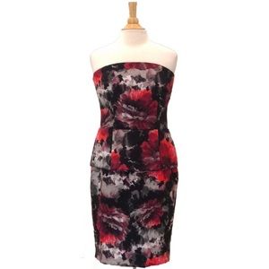 Weston Red & Black Floral Strapless Peplum Dress